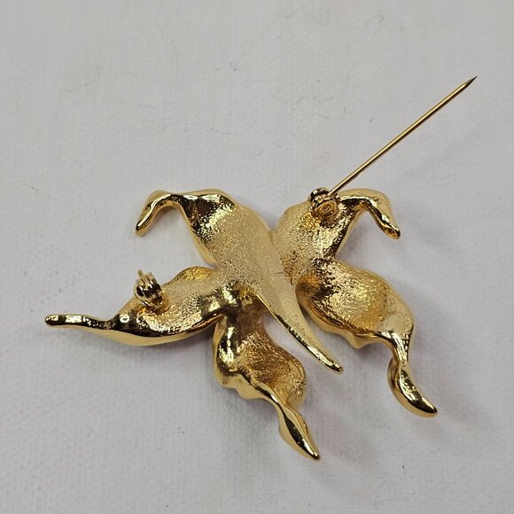 Gold Tone Lily Purple Enamel Brooch Faux Pearl Flower Unmarked Pin - Picture 4 of 7